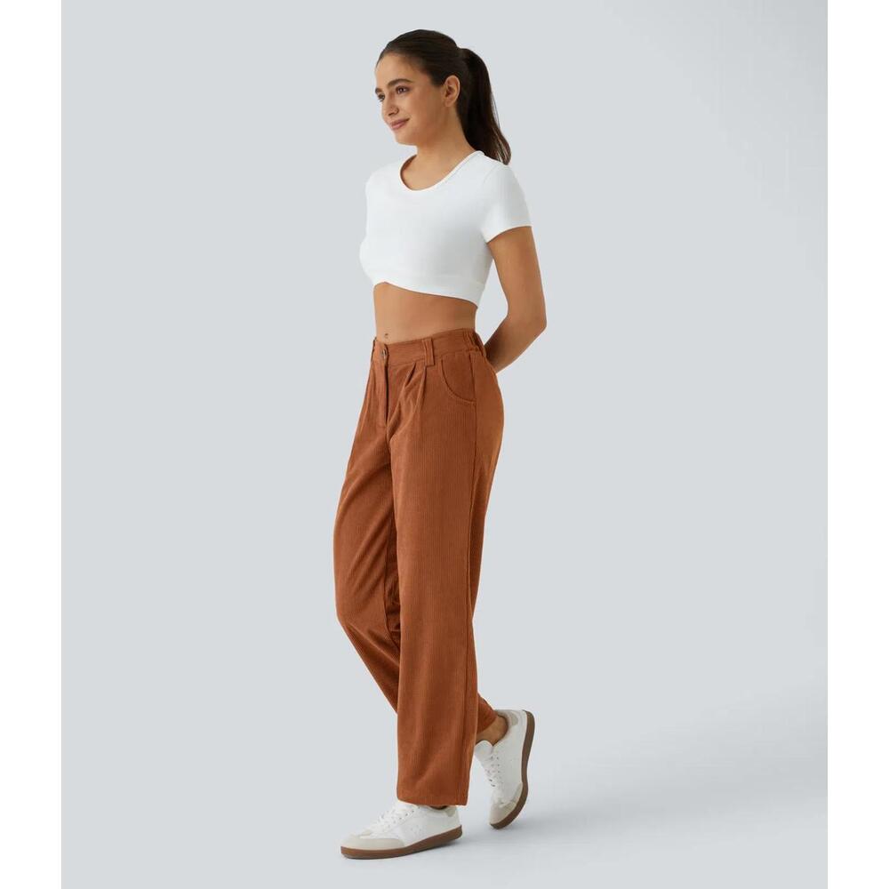NWT Halara Mid Rise Zipper Pocket Corduroy Casual Pants Baked Clay - Small Tall - Picture 7 of 11